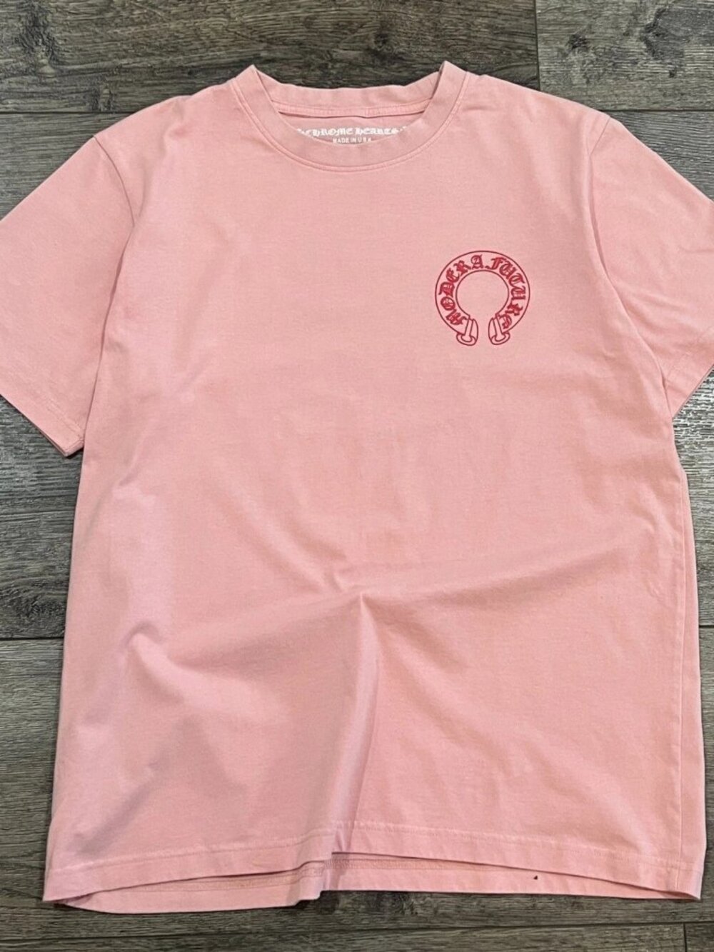 Chrome Hearts Pink Sanskrit Horseshoe Logo Spell Out Tee Shirt USA Made Large